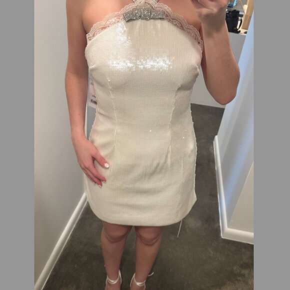 Self-Portrait White: Sequined Halter Minidress (BRIDAL) Size 4 - Picture 5 of 7